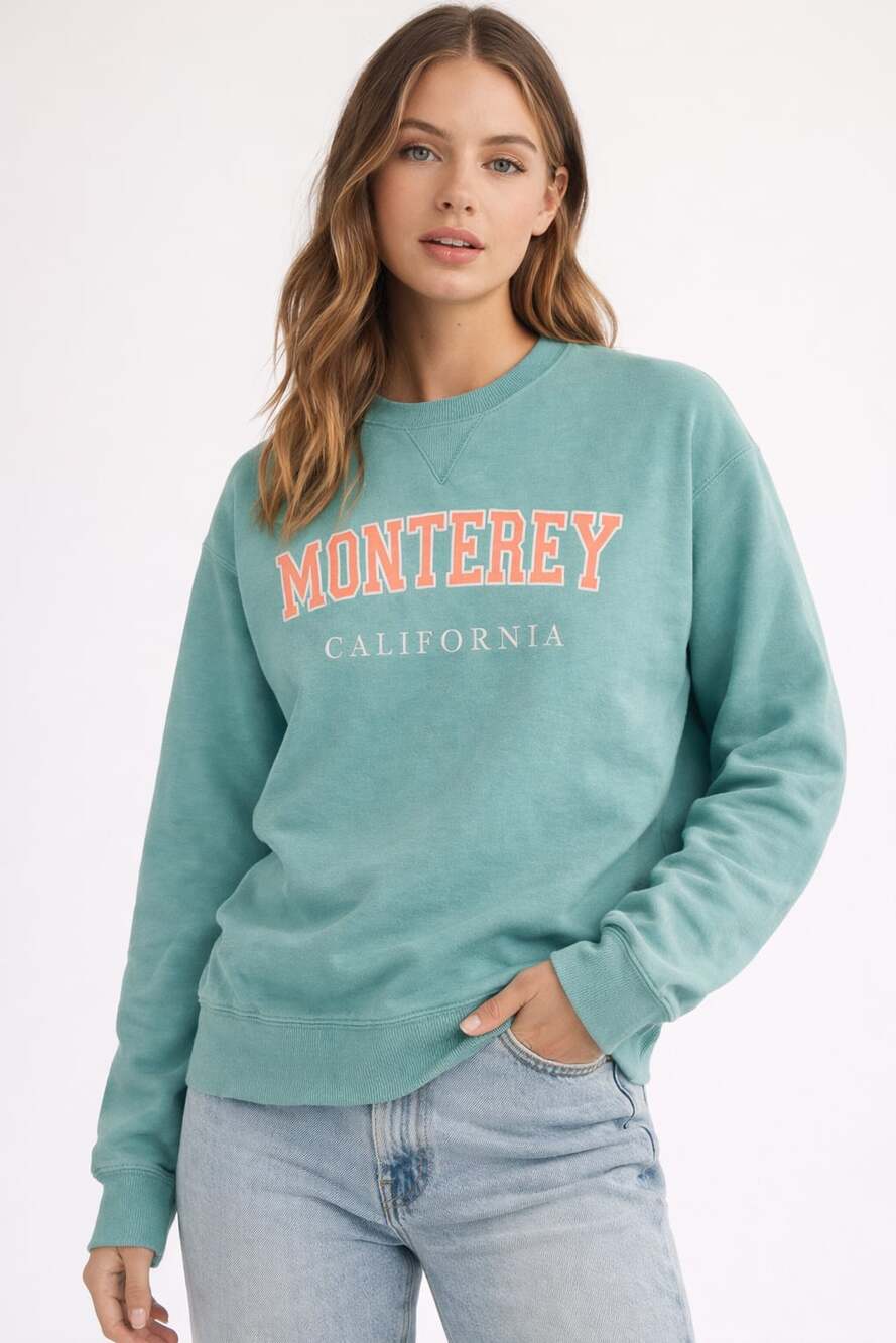 Vintage Ocean Beach Sportswear Monterey California Teal Crewneck Sweatshirt
